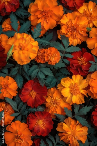 A bouquet of vibrant orange and red flowers with lush green leaves