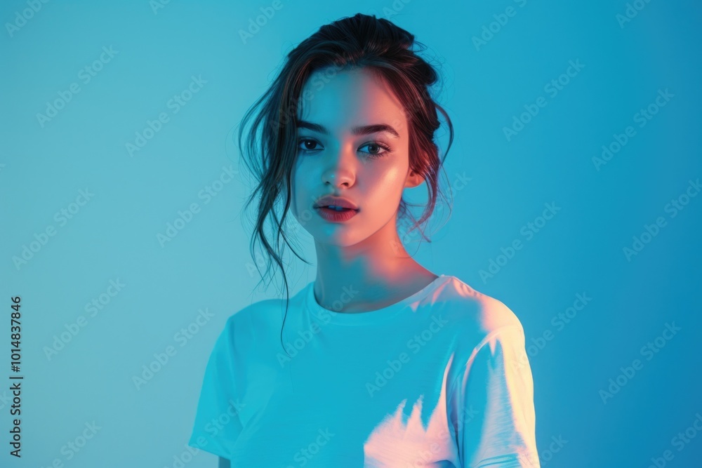 A woman poses in a white t-shirt, perfect for lifestyle and fashion photography A woman poses in a white t-shirt, perfect for lifestyle and fashion photography
