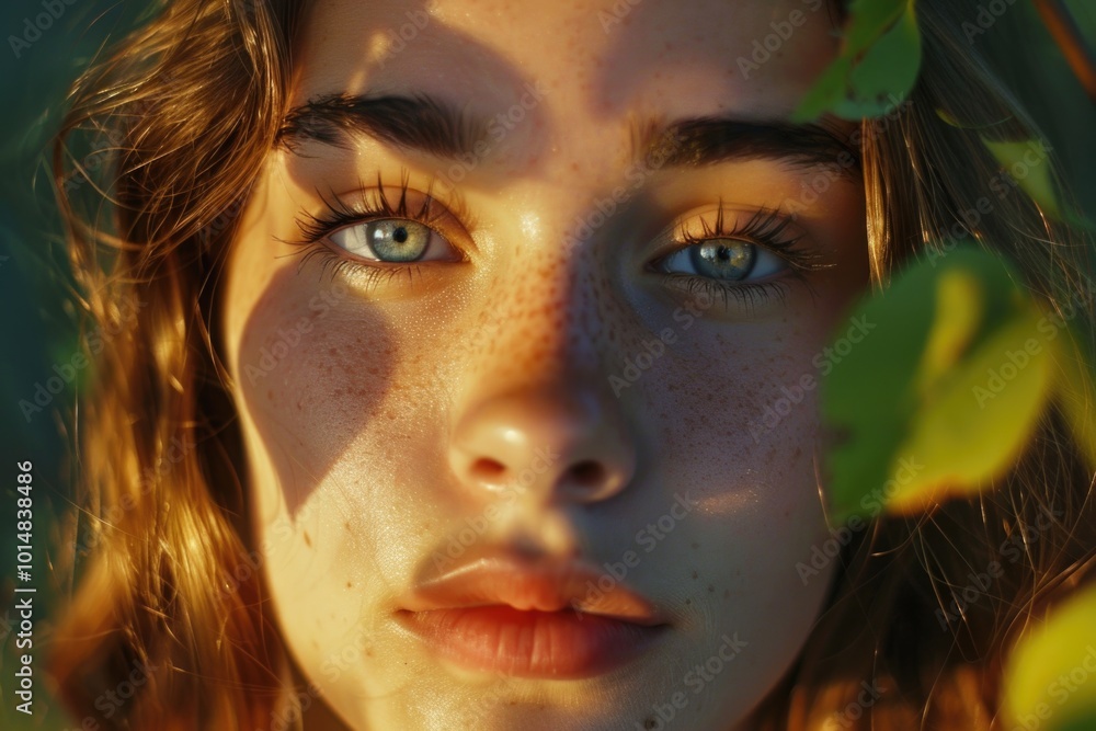 Close-up shot of a woman's face featuring distinctive freckles Close-up shot of a woman's face featuring distinctive freckles