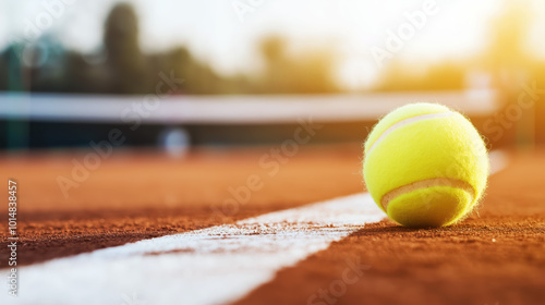 vibrant yellow tennis ball rests on clay court, highlighting texture of surface and white line. warm sunlight creates dynamic atmosphere, perfect for game
