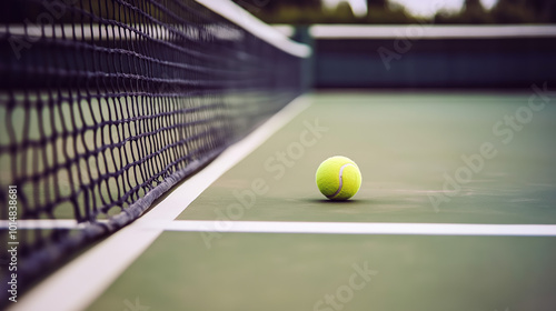 vibrant green tennis ball rests on smooth court surface, near net, capturing essence of game in progress. scene evokes sense of anticipation and excitement