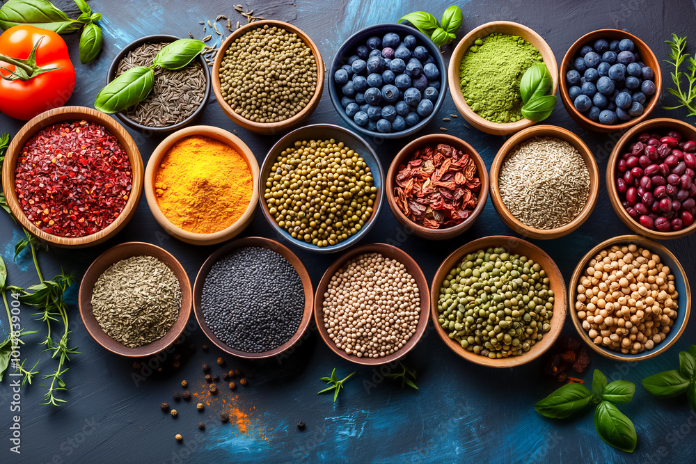 A vibrant collection of spices and herbs is neatly arranged in bowls, surrounded by fresh ingredients like tomatoes and basil on a rustic wooden surface A vibrant collection of spices and herbs is neatly arranged in bowls, surrounded by fresh ingredients like tomatoes and basil on a rustic wooden surface