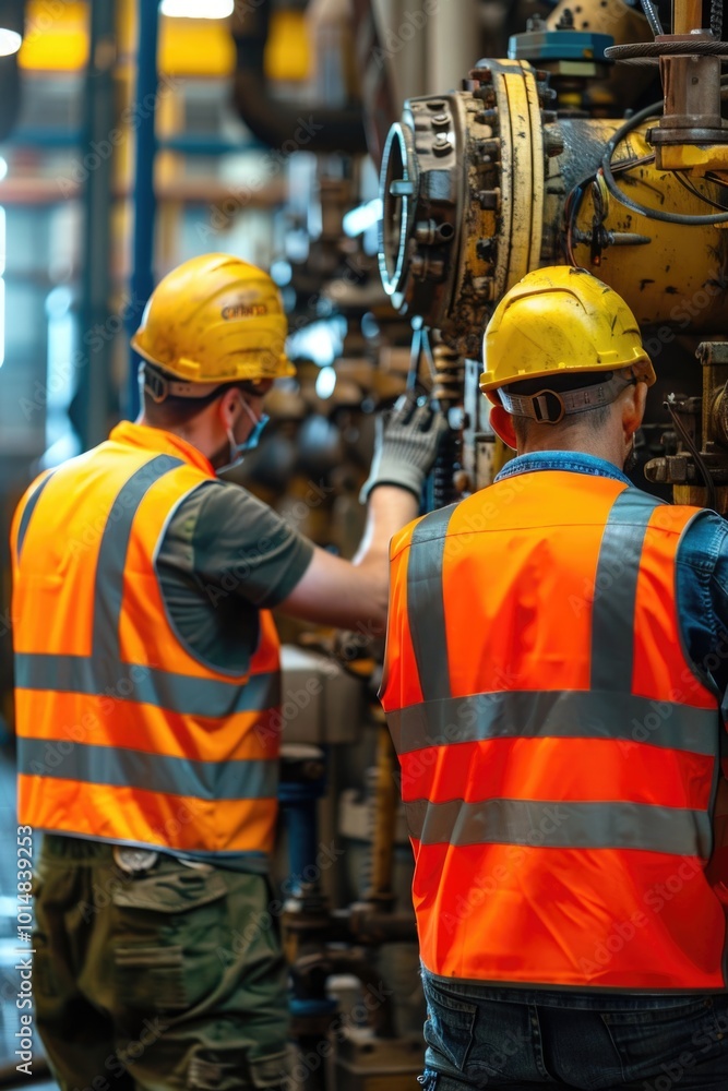 Two individuals in safety vests performing maintenance tasks on a large machine Two individuals in safety vests performing maintenance tasks on a large machine