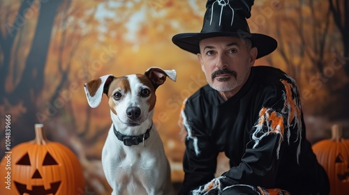 owner and dog posing for halloween in costumes photo