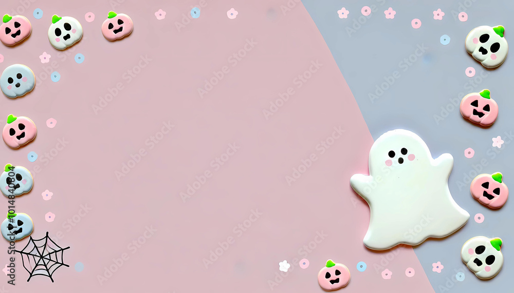 Pastel cute ghost background, ghost floating on bottom-left, wide copy space on upper right, surrounded by pastel bats and stars Pastel cute ghost background, ghost floating on bottom-left, wide copy space on upper right, surrounded by pastel bats and stars