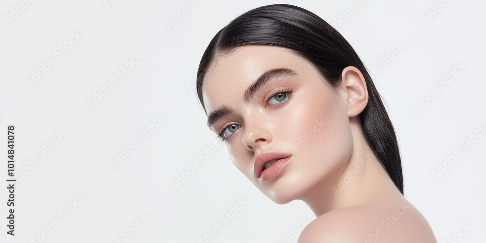 Portrait of a young woman with flawless skin and blue eyes, model embodying natural beauty and elegance in a minimalist studio setting, skincare ad with white background and copy space Portrait of a young woman with flawless skin and blue eyes, model embodying natural beauty and elegance in a minimalist studio setting, skincare ad with white background and copy space