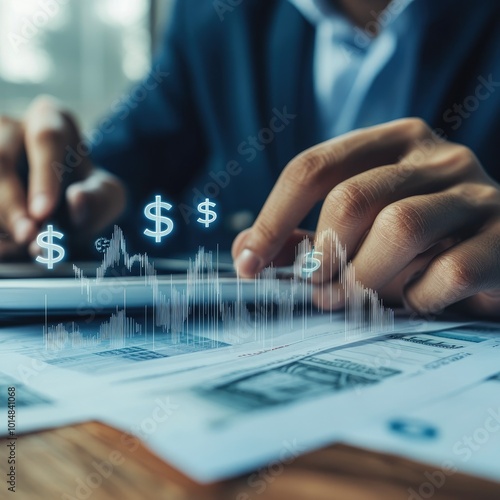 A businessman analyzing financial data on a tablet, with graphs and dollar signs emphasizing investment trends and market insights.