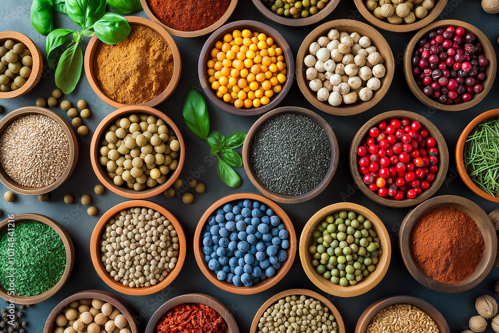 Colorful spices and herbs are artfully displayed in wooden bowls on a countertop, showcasing a diverse collection of natural ingredients ideal for cooking and flavoring dishes Colorful spices and herbs are artfully displayed in wooden bowls on a countertop, showcasing a diverse collection of natural ingredients ideal for cooking and flavoring dishes