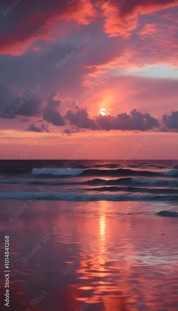 Obraz premium A stunning sunset over a calm ocean, with vibrant hues of orange, pink, and purple reflecting on the water's surface. The sky is filled with dramatic clouds, creating a serene and picturesque scene.