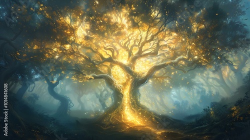  Glowing mystical tree in an enchanted forest photo