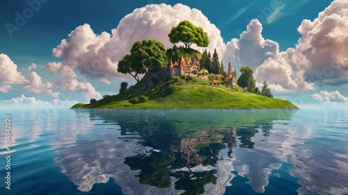 Beautuful fantasy dream landscape with floating island photo