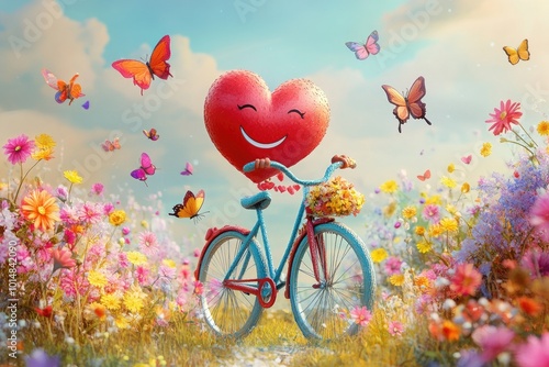 A vibrant scene featuring a cheerful heart on a bicycle surrounded by colorful flowers and fluttering butterflies. photo