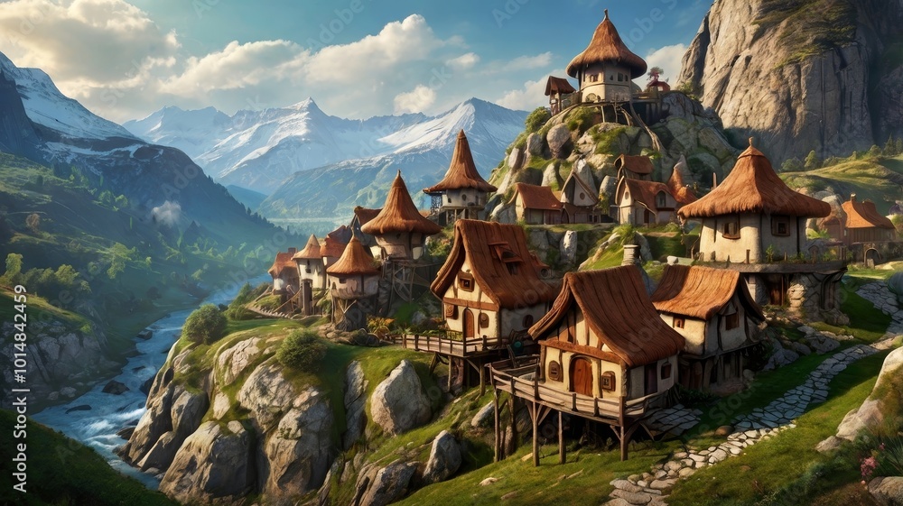 Obraz premium Concept art illustration of fantasy village in the mountains