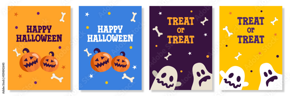 Happy Halloween greeting sale banner set, card or party invitation with Holiday calligraphy, cute ghosts, pumpkins background. Design template for advertising, web, social media, and poster Happy Halloween greeting sale banner set, card or party invitation with Holiday calligraphy, cute ghosts, pumpkins background. Design template for advertising, web, social media, and poster