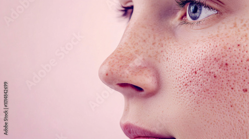 Closeup girl face with red pimples, inflammation on face and problem skin. Acne rosacea and couperose therapy. Facial treatment skincare routine and hygiene Cosmetic and beauty banner with copy space