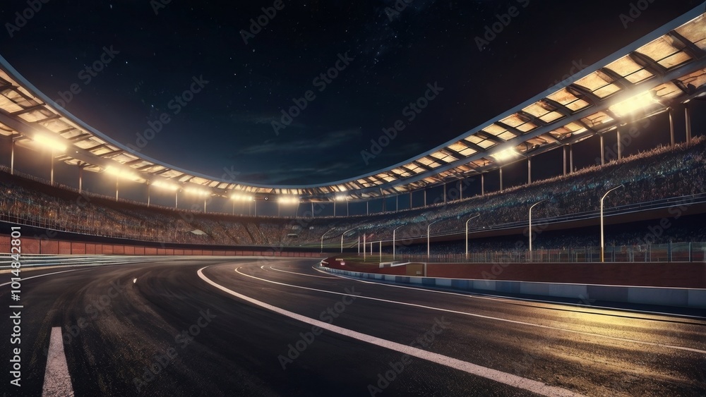 Curved asphalt racing track and illuminated race sport stadium at night. Professional digital 3d illustration of racing sports Curved asphalt racing track and illuminated race sport stadium at night. Professional digital 3d illustration of racing sports