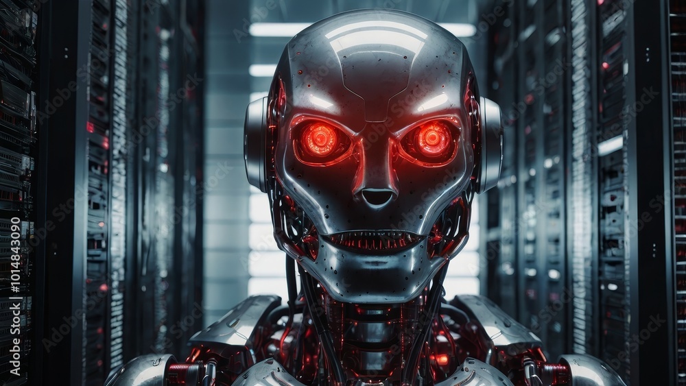 Evil robot with red glowing eyes is inside of data center. Postproducted generative Evil robot with red glowing eyes is inside of data center. Postproducted generative