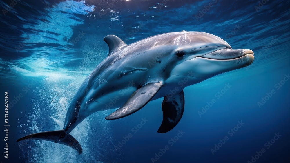 Naklejka premium A dolphin swimming gracefully in clear blue ocean waters.