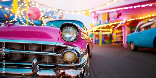 Wallpaper Mural Pink Classic Car at the Carnival: A vintage pink car gleams under the vibrant lights of a carnival, capturing the essence of nostalgia and fun. Torontodigital.ca