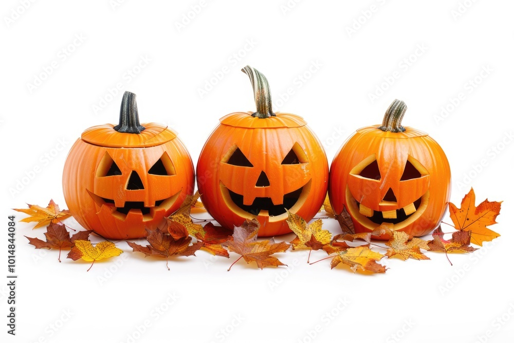 Three carved pumpkins sit atop a pile of autumn leaves, perfect for fall decorations or Halloween themes Three carved pumpkins sit atop a pile of autumn leaves, perfect for fall decorations or Halloween themes