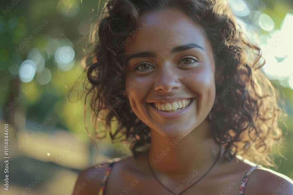 A happy woman with curly hair looking directly at the camera A happy woman with curly hair looking directly at the camera