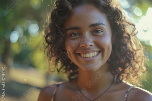 A happy woman with curly hair looking directly at the camera