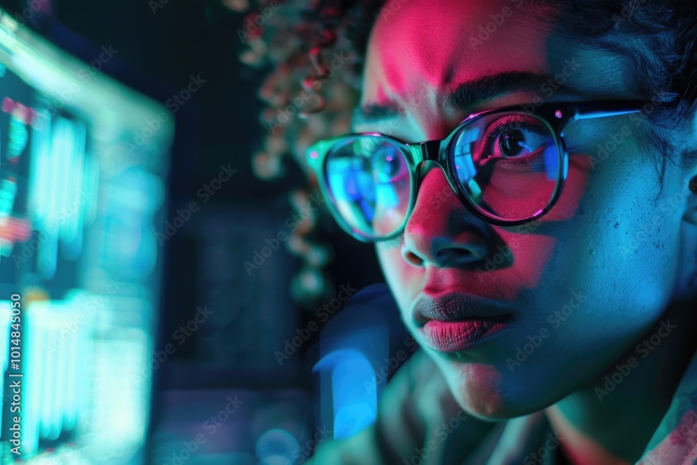 A woman wearing glasses looks at a computer screen A woman wearing glasses looks at a computer screen