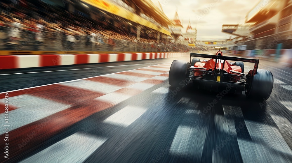 A red race car speeds down a track, with motion blur creating a sense of speed. A red race car speeds down a track, with motion blur creating a sense of speed.