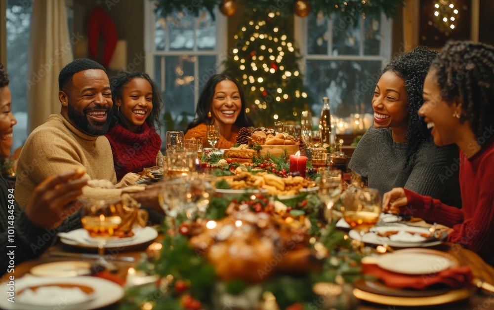 A joyful family gathering around a festive dinner table with delicious food and holiday decorations. A joyful family gathering around a festive dinner table with delicious food and holiday decorations.