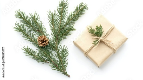 Bright green twigs of pine tree and a light brown gift box on the white background. Isolated Copyspace christmas flat lay concept.