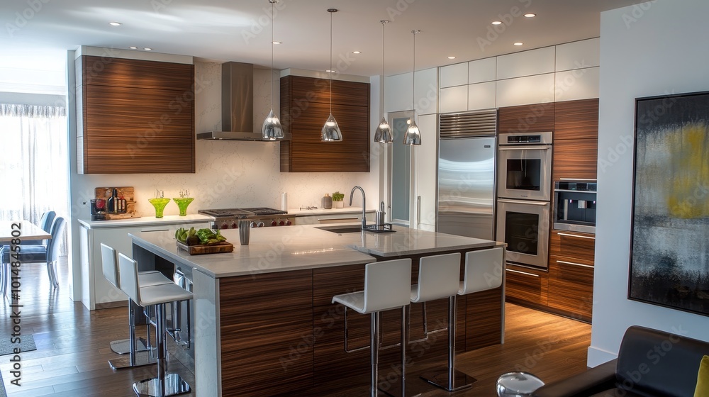 Modern kitchen with sleek design, wooden accents, and a spacious island for cooking and dining. Modern kitchen with sleek design, wooden accents, and a spacious island for cooking and dining.