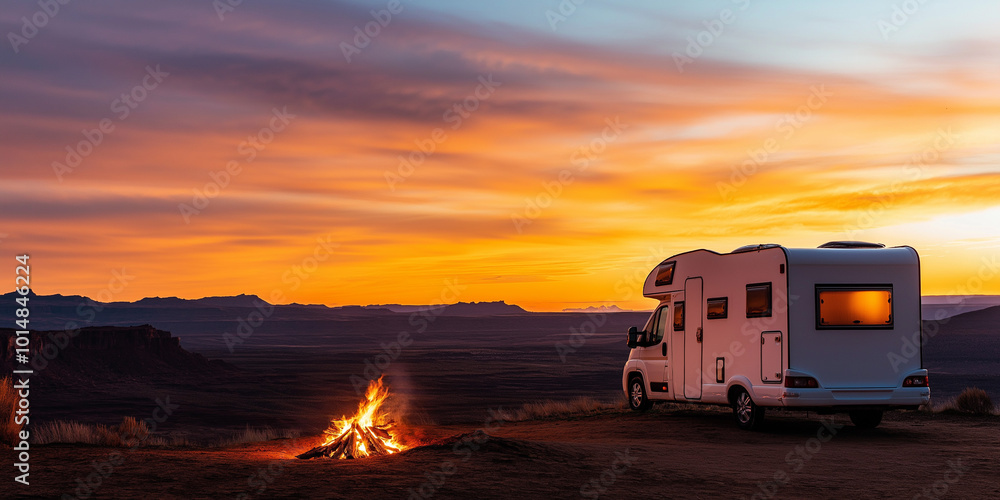 Camper van parked on a cliffside overlooking a sunset with a campfire. Scenic adventure in nature with vibrant skies and open landscapes Camper van parked on a cliffside overlooking a sunset with a campfire. Scenic adventure in nature with vibrant skies and open landscapes