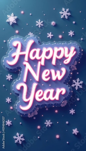 Stylized 3D Happy New Year text with snowflakes in cool colors