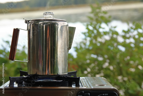 Photos Steam Rising From a Camping Percolator As The Coffee Brews
