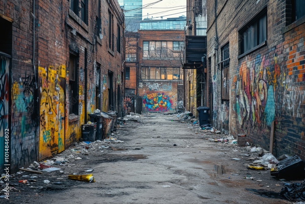 custom made wallpaper toronto digitalA gritty, abandoned urban alley featuring vibrant graffiti and dilapidated structures, capturing the rawness and decay of the inner city.
