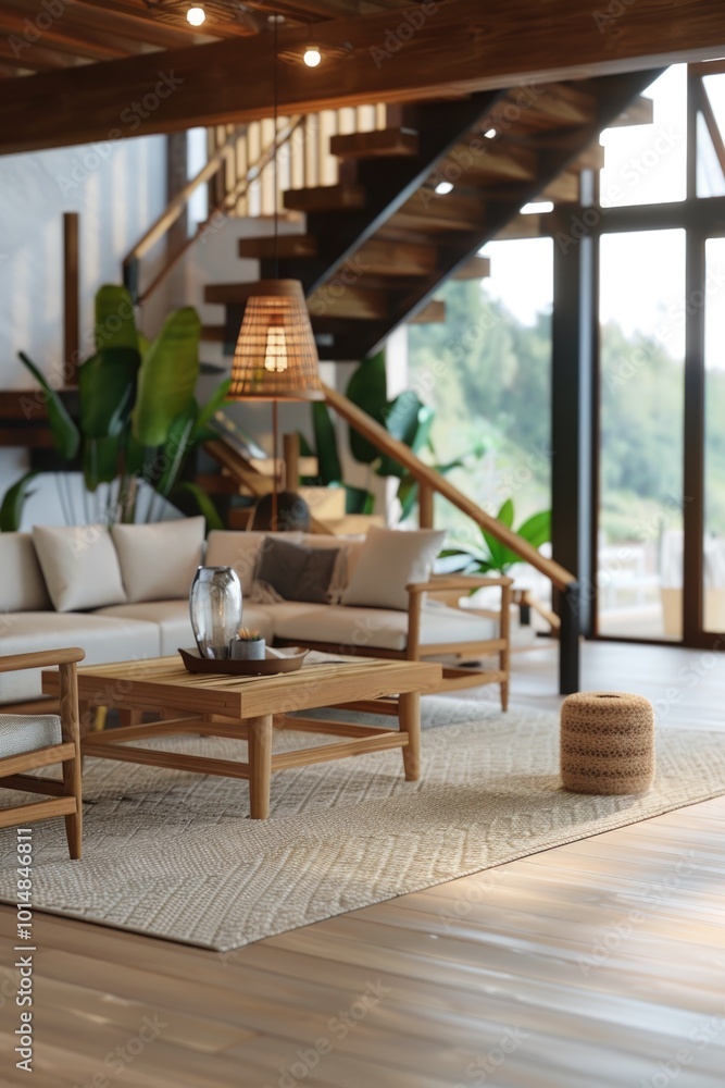 A comfortable living space with plenty of natural light, featuring various pieces of furniture and large windows A comfortable living space with plenty of natural light, featuring various pieces of furniture and large windows