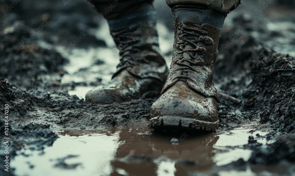 Muddy boots stand in a puddle. Muddy boots stand in a puddle.