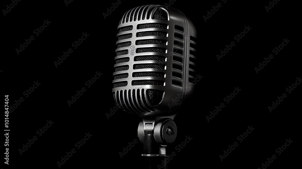 Fototapeta premium A vintage microphone on a stand against a black background.