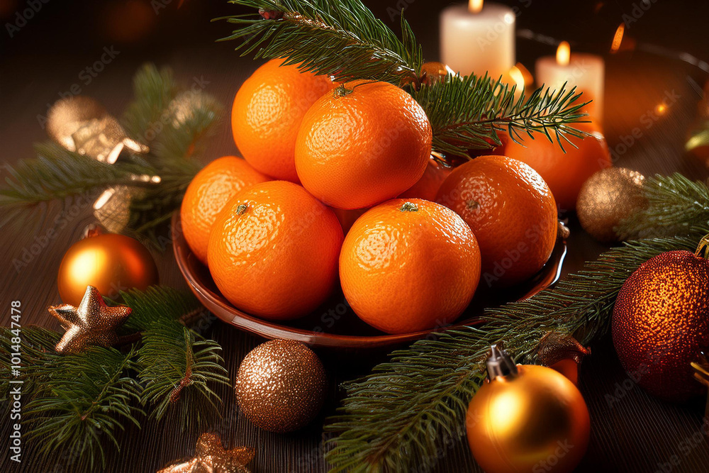Tangerines with green leaves. New Year's tangerines with Christmas tree branches and Christmas decor. Tangerines with green leaves. New Year's tangerines with Christmas tree branches and Christmas decor.