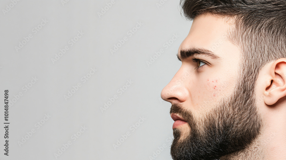 Obraz premium Closeup man face with red pimples, inflammation on face and problem skin. Acne, rosacea and couperose therapy. Facial treatment skincare routine and hygiene Cosmetic and beauty banner with copy space