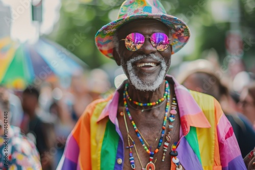 A person wearing a bright hat and shades outdoors, suitable for stock photography of people in casual settings