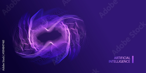 A.I. Technology particles banner. Dots explosion ai big data neon splash round background. Artificial Intelligence futuristic circles connect design.
