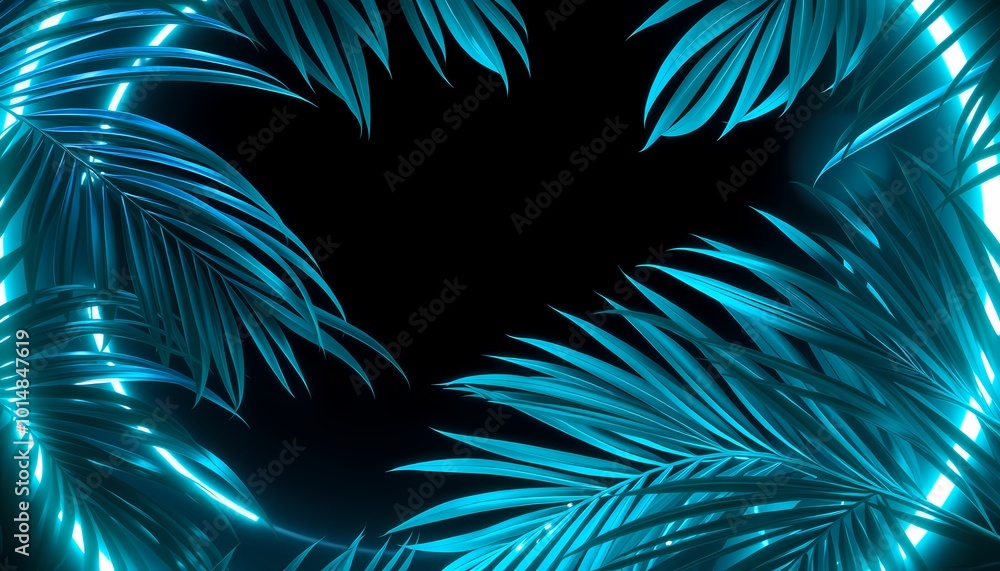 Vibrant Cyan Neon Circle Framed by Tropical Jungle Leaves, Energetic Vibes Vibrant Cyan Neon Circle Framed by Tropical Jungle Leaves, Energetic Vibes