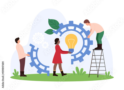 Cooperation and teamwork to develop creative idea, organization of interaction between employees working on project. Tiny people holding parts of gear and bright light bulb cartoon vector illustration