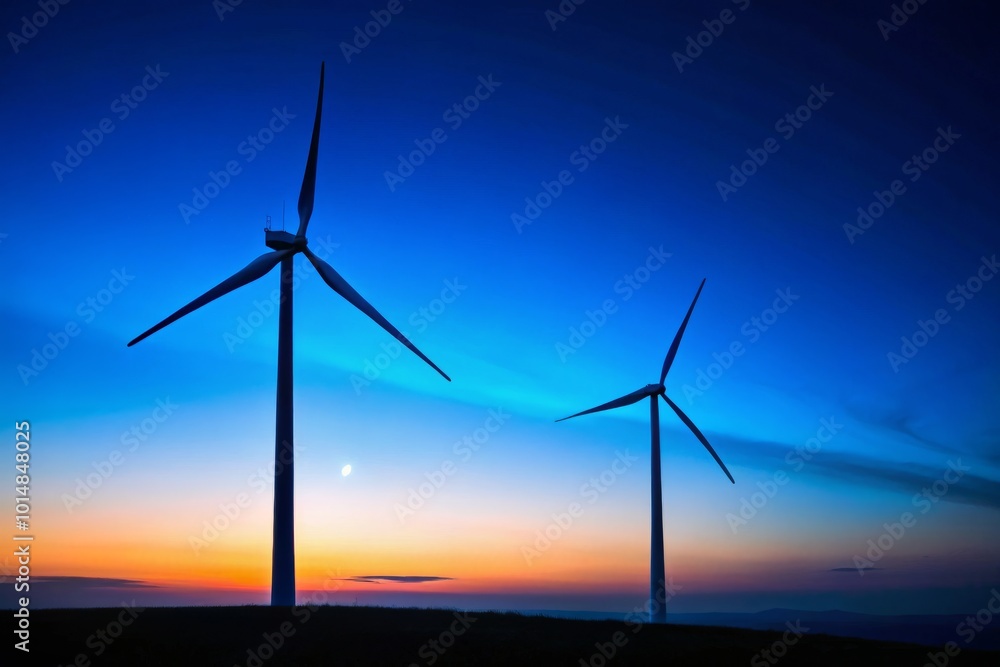 Obraz premium Night Photography of Wind Turbines Against a Blue Sky – Simple and Serene Landscape