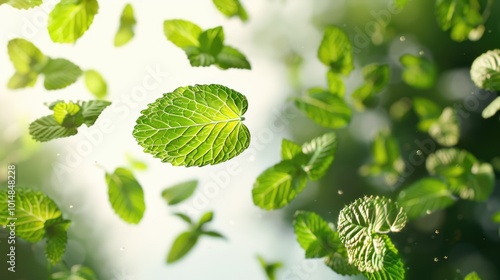 A bunch of green leaves are flying in the air, free and unattached