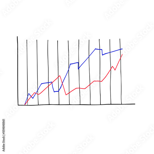 Analytical graphic chart with red, blue trend lines hand drawn ink sketch. Change in time of election results or income, plans. Vector illustration for business data presentation, election results