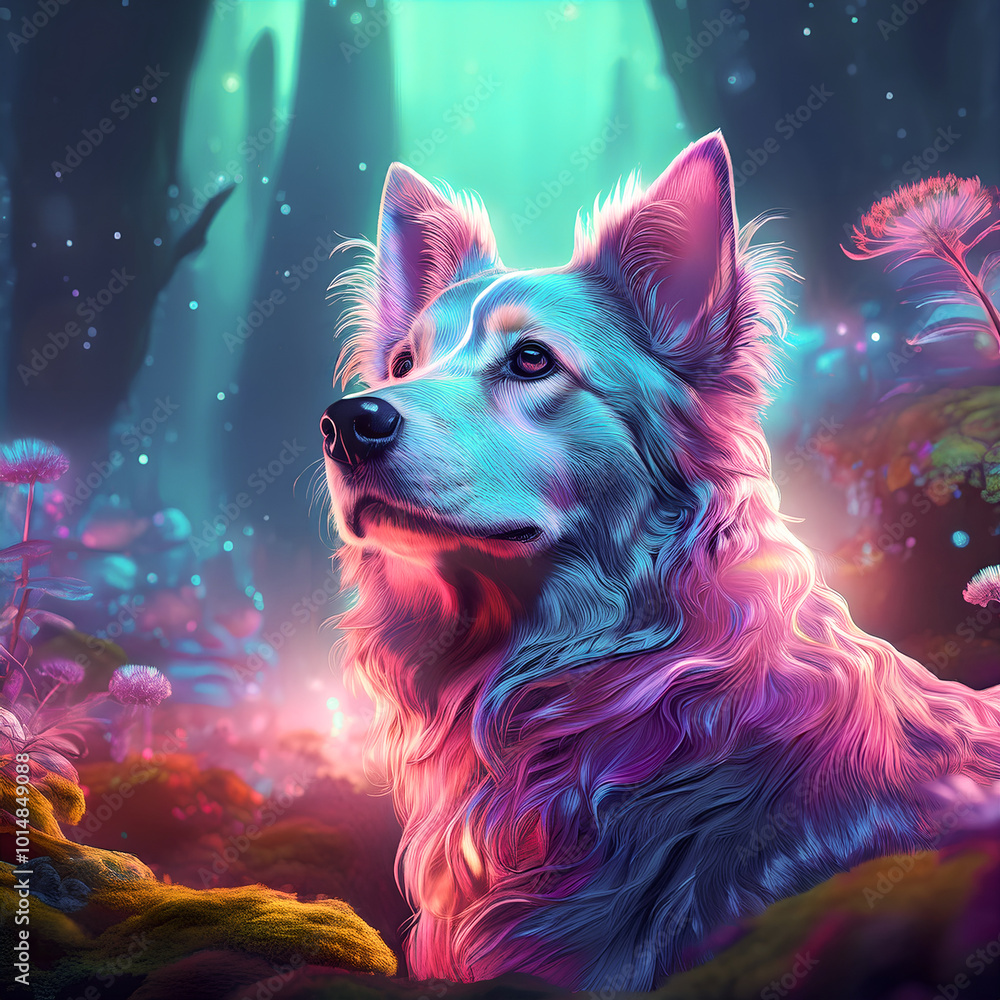 Drawing of a dog lying in a thicket in the middle of a forest, fantasy Drawing of a dog lying in a thicket in the middle of a forest, fantasy