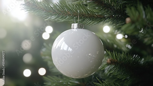 Christmas white glossy round bauble ornament on christmas tree with decoration and blurred bokeh lights background. photo