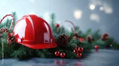 Construction hard hat and Christmas decorations. Christmas and New Year construction photo